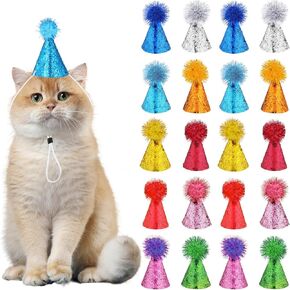 20PCS Mini Small Dog Hats Glitter Paper Cat Birthday Party Hat Adjustable Cute Pet Rabbit Headbands with Pompoms for Puppies Kittens Stuffed Animals Holiday Wedding Costume Accessories