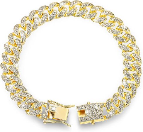 Dog Chain Collar Gold Dog Chain Diamond Gold Chain Walking Metal Chain Collar with Design Secure Buckle, 16mm Wide Dog Necklace Metal Cat Chain Pet Collar for Small Medium Large Dogs Cats(10inch) in Saudi Arabia