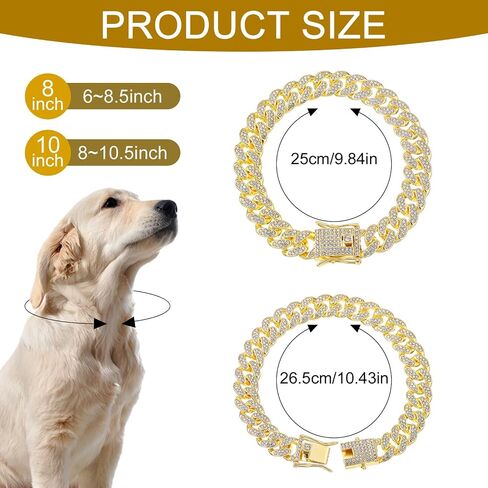 Dog Chain Collar Gold Dog Chain Diamond Gold Chain Walking Metal Chain Collar with Design Secure Buckle, 16mm Wide Dog Necklace Metal Cat Chain Pet Collar for Small Medium Large Dogs Cats(10inch) in Saudi Arabia