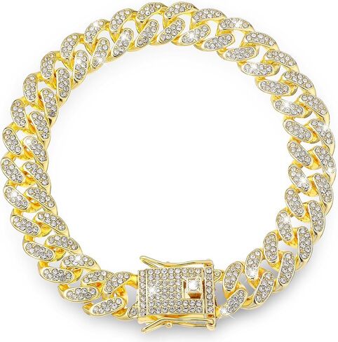 Dog Chain Collar Gold Dog Chain Diamond Gold Chain Walking Metal Chain Collar with Design Secure Buckle, 16mm Wide Dog Necklace Metal Cat Chain Pet Collar for Small Medium Large Dogs Cats(10inch) in Saudi Arabia