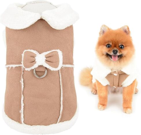 SMALLLEE_LUCKY_STORE Fleece Dog Coat for Small Dog Girls, Pet Harness Jacket with Bow and D-Ring, Soft Vest Fall Winter Clothes with Fuzzy Collar Chihuahua Yorkie Cat Apparel, Khaki, M in Kuwait