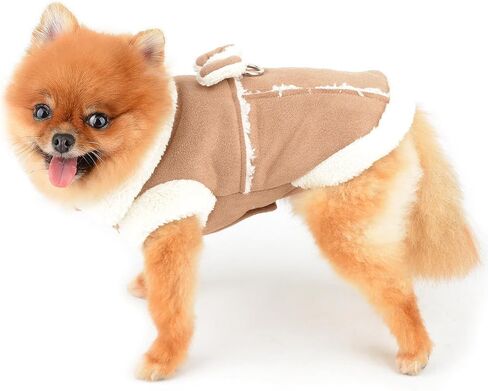 SMALLLEE_LUCKY_STORE Fleece Dog Coat for Small Dog Girls, Pet Harness Jacket with Bow and D-Ring, Soft Vest Fall Winter Clothes with Fuzzy Collar Chihuahua Yorkie Cat Apparel, Khaki, M in Kuwait