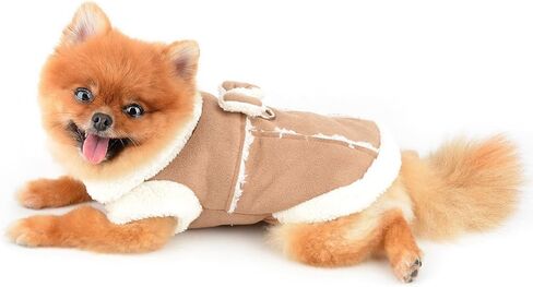 SMALLLEE_LUCKY_STORE Fleece Dog Coat for Small Dog Girls, Pet Harness Jacket with Bow and D-Ring, Soft Vest Fall Winter Clothes with Fuzzy Collar Chihuahua Yorkie Cat Apparel, Khaki, M in Kuwait