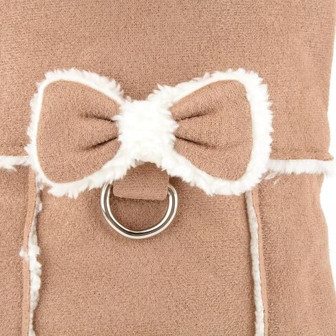 SMALLLEE_LUCKY_STORE Fleece Dog Coat for Small Dog Girls, Pet Harness Jacket with Bow and D-Ring, Soft Vest Fall Winter Clothes with Fuzzy Collar Chihuahua Yorkie Cat Apparel, Khaki, M in Kuwait