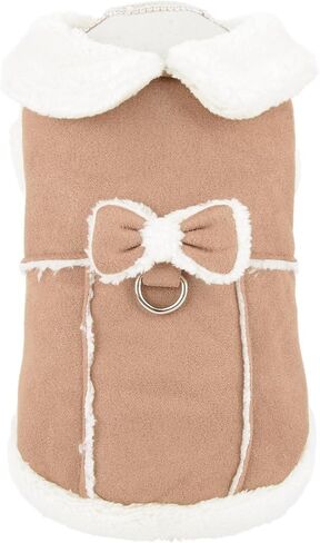 SMALLLEE_LUCKY_STORE Fleece Dog Coat for Small Dog Girls, Pet Harness Jacket with Bow and D-Ring, Soft Vest Fall Winter Clothes with Fuzzy Collar Chihuahua Yorkie Cat Apparel, Khaki, M in Kuwait