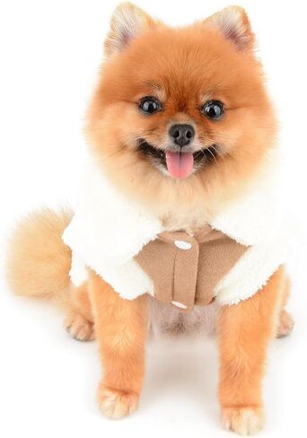 SMALLLEE_LUCKY_STORE Fleece Dog Coat for Small Dog Girls, Pet Harness Jacket with Bow and D-Ring, Soft Vest Fall Winter Clothes with Fuzzy Collar Chihuahua Yorkie Cat Apparel, Khaki, M in Kuwait