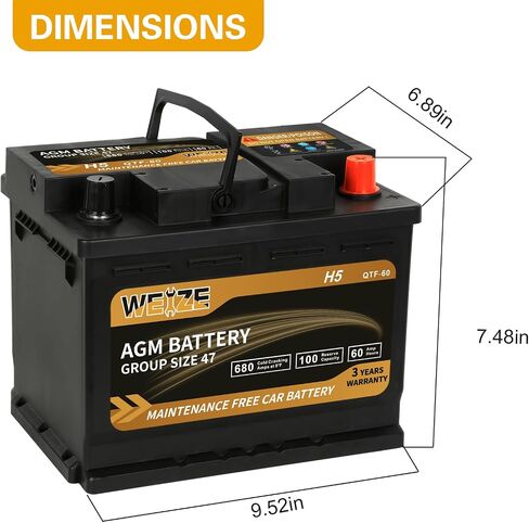 Weize Platinum AGM Battery BCI Group 94R - 12v 80ah H7 Size 94R Automotive Battery, 140RC, 850CCA, 36 Months Warranty in Kuwait