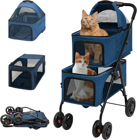 BDL Double Dog Stroller with 4 Wheels for 2 Dogs & Cats, Includes Removable Carrier for Small/Medium Pets (Gray) in Saudi Arabia