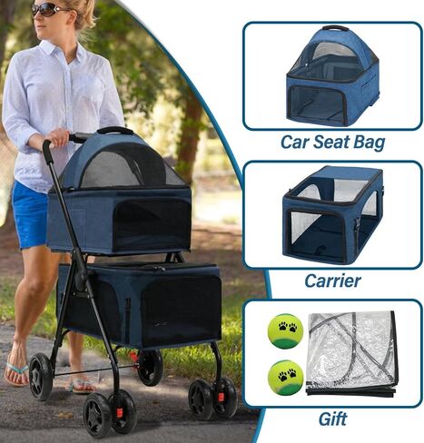 BDL Double Dog Stroller with 4 Wheels for 2 Dogs & Cats, Includes Removable Carrier for Small/Medium Pets (Gray) in Saudi Arabia