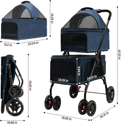 BDL Double Dog Stroller with 4 Wheels for 2 Dogs & Cats, Includes Removable Carrier for Small/Medium Pets (Gray) in Saudi Arabia