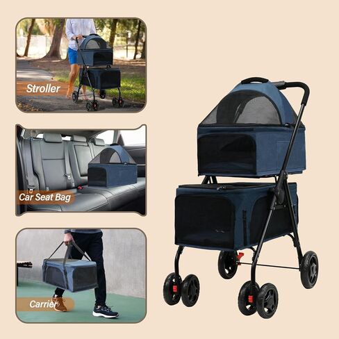 BDL Double Dog Stroller with 4 Wheels for 2 Dogs & Cats, Includes Removable Carrier for Small/Medium Pets (Gray) in Saudi Arabia