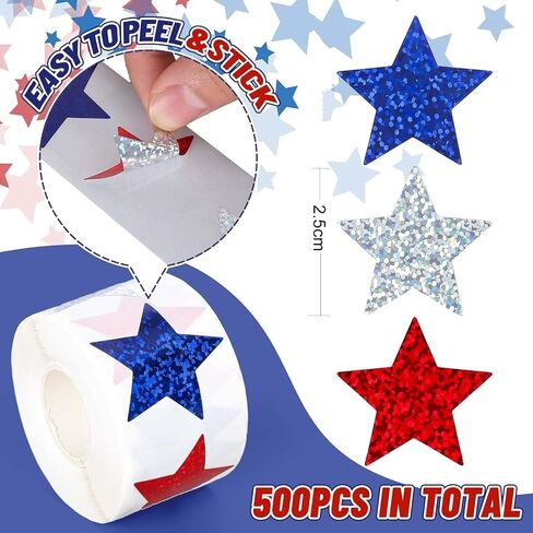 Patriotic Star Stickers Roll, 500Pcs 4th of July Round Label Stickers 1 Inch Glitter Star Self Adhesive Jar Labels Independence Day Envelope Seal Sticker for Party Gift Bags Supply Decorations in Saudi Arabia