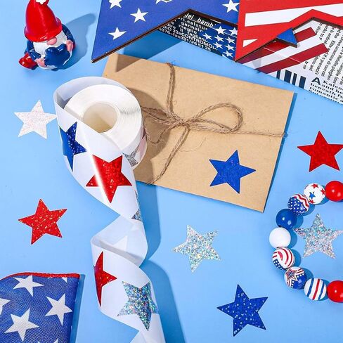 Patriotic Star Stickers Roll, 500Pcs 4th of July Round Label Stickers 1 Inch Glitter Star Self Adhesive Jar Labels Independence Day Envelope Seal Sticker for Party Gift Bags Supply Decorations in Saudi Arabia