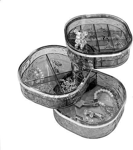 منظم المجوهرات، صندوق مجوهرات دوار شفاف 3 طبقات، صندوق مجوهرات صغير، حامل حلق مع غطاء لمنظم القرط، مقصورات مختلفة للخواتم والأقراط والقلادة والأساور in Kuwait