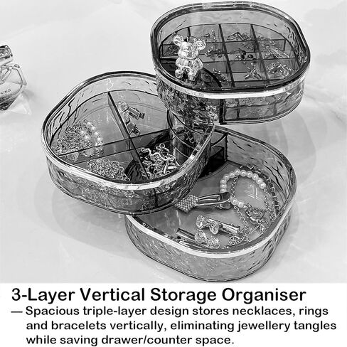 منظم المجوهرات، صندوق مجوهرات دوار شفاف 3 طبقات، صندوق مجوهرات صغير، حامل حلق مع غطاء لمنظم القرط، مقصورات مختلفة للخواتم والأقراط والقلادة والأساور in Kuwait