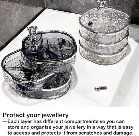 منظم المجوهرات، صندوق مجوهرات دوار شفاف 3 طبقات، صندوق مجوهرات صغير، حامل حلق مع غطاء لمنظم القرط، مقصورات مختلفة للخواتم والأقراط والقلادة والأساور in Kuwait