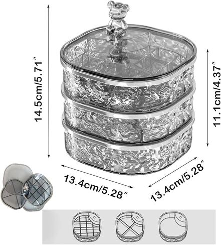 منظم المجوهرات، صندوق مجوهرات دوار شفاف 3 طبقات، صندوق مجوهرات صغير، حامل حلق مع غطاء لمنظم القرط، مقصورات مختلفة للخواتم والأقراط والقلادة والأساور in Kuwait