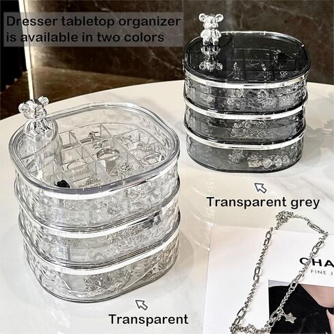 منظم المجوهرات، صندوق مجوهرات دوار شفاف 3 طبقات، صندوق مجوهرات صغير، حامل حلق مع غطاء لمنظم القرط، مقصورات مختلفة للخواتم والأقراط والقلادة والأساور in Kuwait