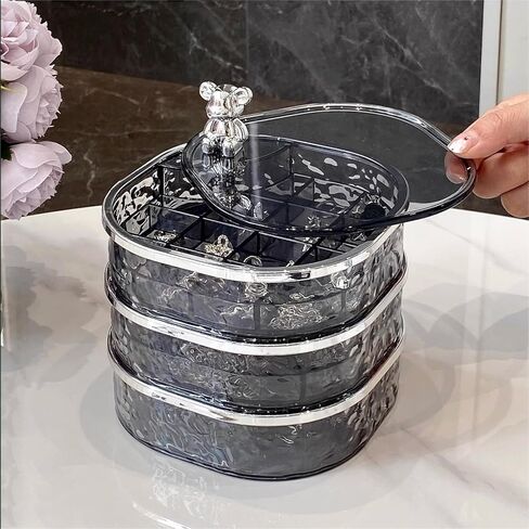 منظم المجوهرات، صندوق مجوهرات دوار شفاف 3 طبقات، صندوق مجوهرات صغير، حامل حلق مع غطاء لمنظم القرط، مقصورات مختلفة للخواتم والأقراط والقلادة والأساور in Kuwait