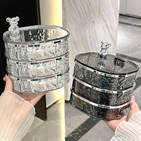 منظم المجوهرات، صندوق مجوهرات دوار شفاف 3 طبقات، صندوق مجوهرات صغير، حامل حلق مع غطاء لمنظم القرط، مقصورات مختلفة للخواتم والأقراط والقلادة والأساور in Kuwait