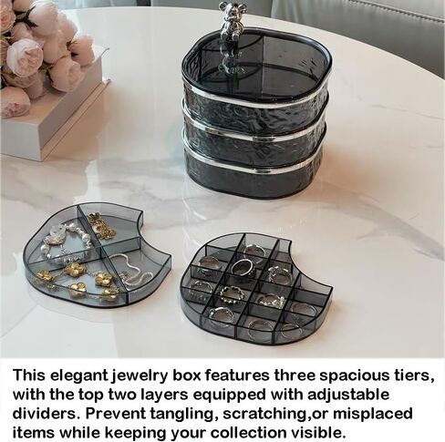 منظم المجوهرات، صندوق مجوهرات دوار شفاف 3 طبقات، صندوق مجوهرات صغير، حامل حلق مع غطاء لمنظم القرط، مقصورات مختلفة للخواتم والأقراط والقلادة والأساور in Kuwait