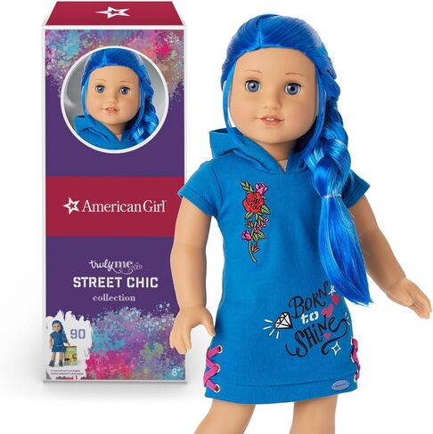 American Girl Truly Me 18-inch Doll #90 with Blue Eyes, Long Blue Hair, and Lt-to-Med Skin in Skater Dress, For Ages 6+ in Kuwait
