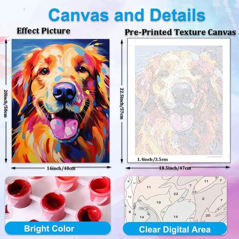 Artunion Colorful Golden Retriever Paint بأرقام للبالغين ، طلاء الكلاب من قبل مجموعات الأرقام ، الطلاء الزيت DIY من مجموعات الأرقام على Canvas Arts Craft for Home Wall Decor in Kuwait