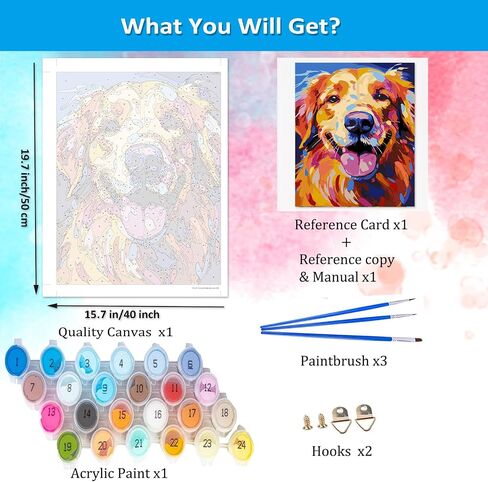 Artunion Colorful Golden Retriever Paint بأرقام للبالغين ، طلاء الكلاب من قبل مجموعات الأرقام ، الطلاء الزيت DIY من مجموعات الأرقام على Canvas Arts Craft for Home Wall Decor in Kuwait