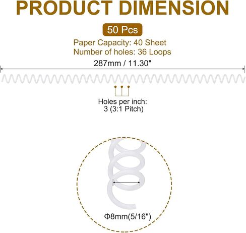 PATIKIL 20 Pack Plastic Spiral Binding Coils, 8mm(5/16") Binding Coils 40 Sheet Capacity Spiral Binder Rings 3:1 Pitch for Office Classroom, White in Saudi Arabia