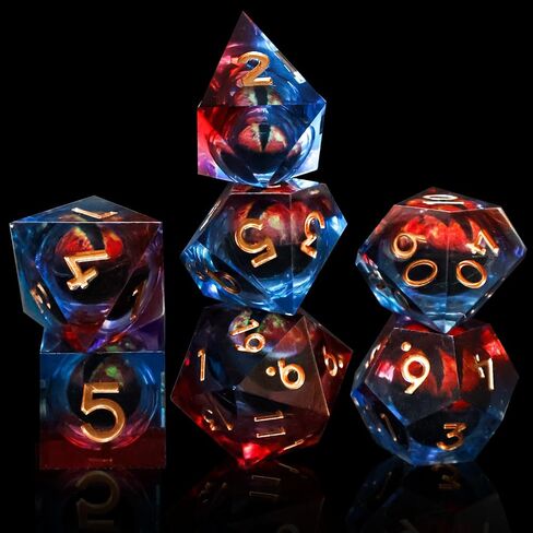 DND Resin Dice Dragon Eye Liquid Core Dice Set Sharp Edged Dice Set with Box, Dungeons and Dragons Polyhedral Dice, D&D RPG Role Playing Games (Bluish Red) in Saudi Arabia