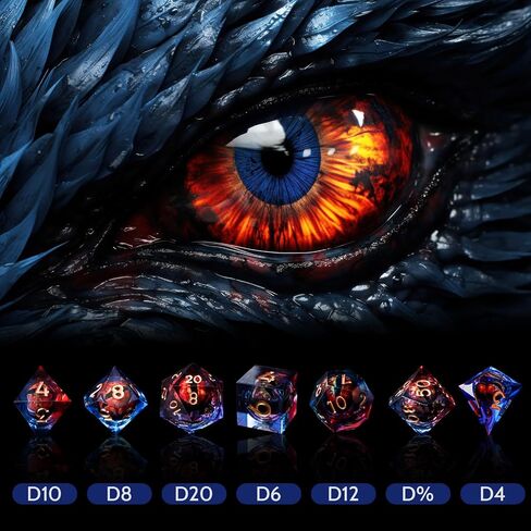 DND Resin Dice Dragon Eye Liquid Core Dice Set Sharp Edged Dice Set with Box, Dungeons and Dragons Polyhedral Dice, D&D RPG Role Playing Games (Bluish Red) in Saudi Arabia