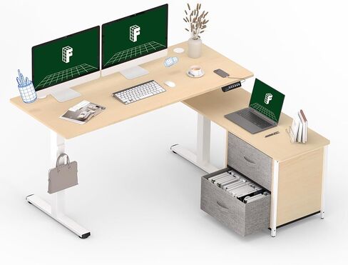 FLEXISPOT 55'' L Shaped Standing Desk with Drawers and Shelves, Large Corner Stand Up Desk with Headphone Hooks for Home Office, Black Top+ Black Frame in Kuwait