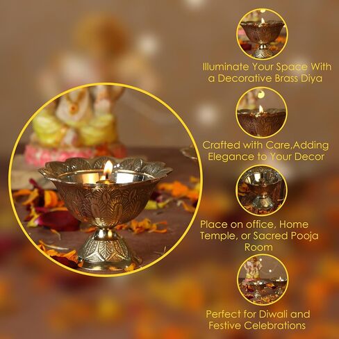 Brass Lotus Akand Diya for Traditional Indian Festive Diwali Pooja Dia Home Temple Decoration Handmade Golden Oil Lamp Engraved Made of Virgin Brass Metal – Pack of 1 (3.25 INCH) in Saudi Arabia