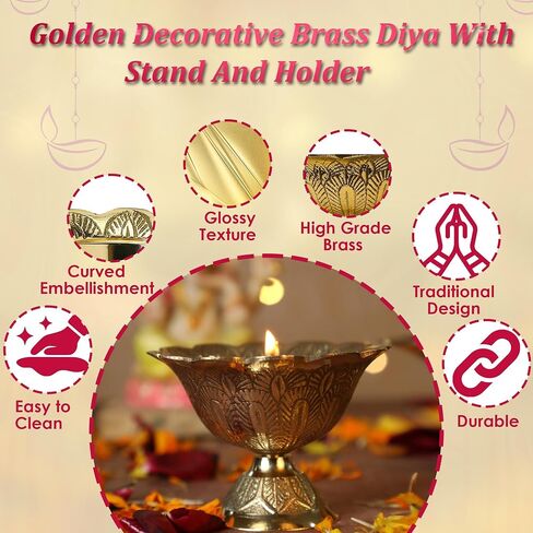 Brass Lotus Akand Diya for Traditional Indian Festive Diwali Pooja Dia Home Temple Decoration Handmade Golden Oil Lamp Engraved Made of Virgin Brass Metal – Pack of 1 (3.25 INCH) in Saudi Arabia