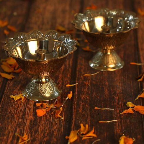 Brass Lotus Akand Diya for Traditional Indian Festive Diwali Pooja Dia Home Temple Decoration Handmade Golden Oil Lamp Engraved Made of Virgin Brass Metal – Pack of 1 (3.25 INCH) in Saudi Arabia