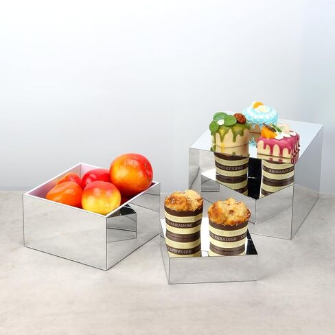 3 Pcs Acrylic Display Nesting Riser Stands, Mirror Gold Acrylic Risers for Display Cube Box Stereoscopic Display Stand, Acrylic Food Display Risers for Catering Dessert Jewelry Character Party in Saudi Arabia