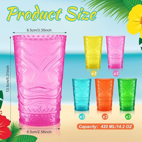 15 Pcs Hawaiian Tiki Plastic Cups Bulk 14 oz Tiki Glasses for Cocktails Statue Drinking Cup for Summer Party Supplies(15 Pcs,Multicolor) in Saudi Arabia