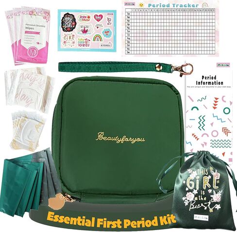 Essential Period Kit for Girls | MultipieYo First Period kit for Girls 10-12 | Period Bags for Teen Girls for School | First Period Gift with Sanitary Pad Storage Bag, Wipes, Period Tracker and More in Kuwait