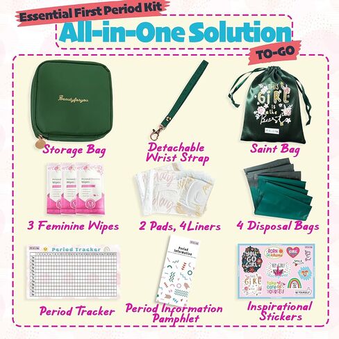 Essential Period Kit for Girls | MultipieYo First Period kit for Girls 10-12 | Period Bags for Teen Girls for School | First Period Gift with Sanitary Pad Storage Bag, Wipes, Period Tracker and More in Kuwait