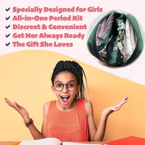 Essential Period Kit for Girls | MultipieYo First Period kit for Girls 10-12 | Period Bags for Teen Girls for School | First Period Gift with Sanitary Pad Storage Bag, Wipes, Period Tracker and More in Kuwait