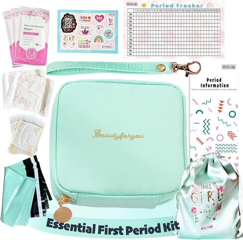 Essential Period Kit for Girls | MultipieYo First Period kit for Girls 10-12 | Period Bags for Teen Girls for School | First Period Gift with Sanitary Pad Storage Bag, Wipes, Period Tracker and More in Kuwait