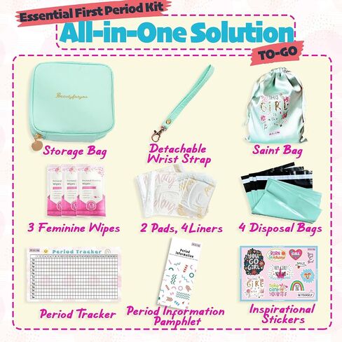 Essential Period Kit for Girls | MultipieYo First Period kit for Girls 10-12 | Period Bags for Teen Girls for School | First Period Gift with Sanitary Pad Storage Bag, Wipes, Period Tracker and More in Kuwait