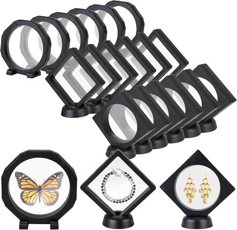 24Pcs 3D Floating Display Case, Transparent Film Jewely Storage Box, Black Challenge Coin Display Holder Stand for Antique Challenge Coins Medals Jewelry Shells Gems Minerals Rocks Specimen Pins in Kuwait