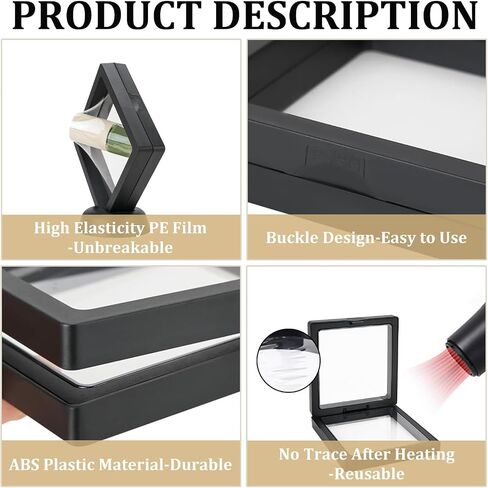 24Pcs 3D Floating Display Case, Transparent Film Jewely Storage Box, Black Challenge Coin Display Holder Stand for Antique Challenge Coins Medals Jewelry Shells Gems Minerals Rocks Specimen Pins in Kuwait