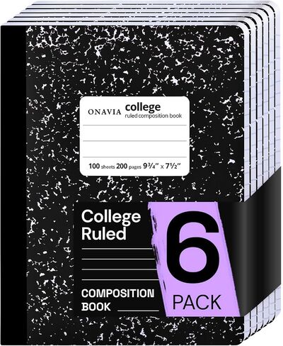 Composition Notebook College Ruled 6 Pack, 200 Pages (100 Sheets), 9-3/4 x 7-1/2, Black Marble Composition Books Bulk, Notebooks for School, Work, Office, Hard Cover Comp Book, School Supplies in Kuwait