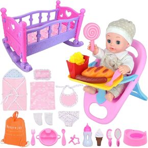 12 '' Baby Doll Care PlaySet مع كرسي مرتفع ، سرير ، قماط ، بطانية ، مصاصة ، مريلة ، حفاضات ، إكسسوارات التغذية وحقائب الظهر. 26 PCS Kids Play Play Gifts Toy Gifts for Girls Ages 3+