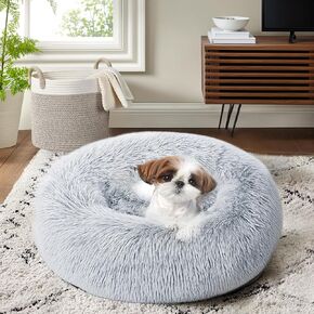 Sunstyle Home Small Dog Bed ، Donut Round Cog Dog Cat Sed ، الراحة المضادة للقلق الفاخرة الفراء الفاخرة مع مضادة للانزلاق الجهاز القابل للغسل للقطعة الجرو الصغيرة المتوسطة المتوسطة (رمادي ، 20 ")