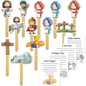 29 Pcs Easter Sticks for Crafts Religious Easter Story Cards Christian Easter Decorations Include 12 Sticks 1 Glue 12 Character Cards 4 Story Cards