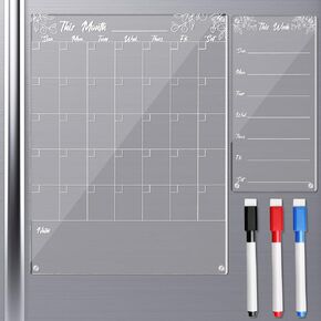 2 Pcs Magnetic Acrylic Calendar for Fridge Clear Dry Erase Monthly and Weekly Calendar Board Reusable Planner Board for Refrigerator Family Kitchen Office Includes 3 Colors Plastic Dry Erase Markers