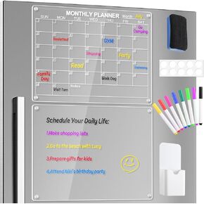 Jibeufi Acrylic Magnetic Calendar for Fridge, 16"x12" Reusable Clear 2 Set Dry Erase Calendar Board for Refrigerator Monthly and Memo Whiteboard Calendar Planner